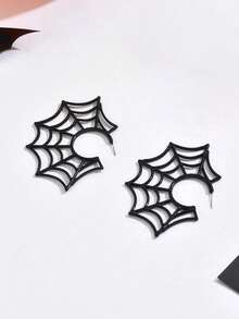 1 Pasang Anting Besar Bergaya Gothic Gelap Halloween Musim Gugur/Dingin, Motif Jaring Laba-laba, Cocok untuk Wanita, Pesta, Acara Dansa, Perhiasan Telinga yang Unik dan Personal - Hitam - View 4