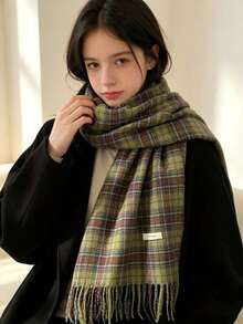 Elegant Green Plaid Scarf With Tassels - Soft & Warm Polyester Shawl For Teens | Hand Washable & Windproof | Perfect For Outdoor Fashion, Non-Deforming, Highly Decorative - Multicolor - View 4