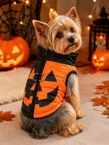 1pc Halloween Orange Pumpkin & Funny Face Print Pet Coat Jacket Holiday Party Outfit Fo Dogs Cats Autumn/Winter Warm Pet Apparel Clothes Suitable For Medium & Small Dogs - Multicolor - View 6
