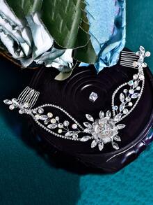 1pc Elegant Alloy Flower Rhinestone Bridal Hair Comb Women Hair Accessory For Wedding Party Event Daily Wear - Silver - View 8
