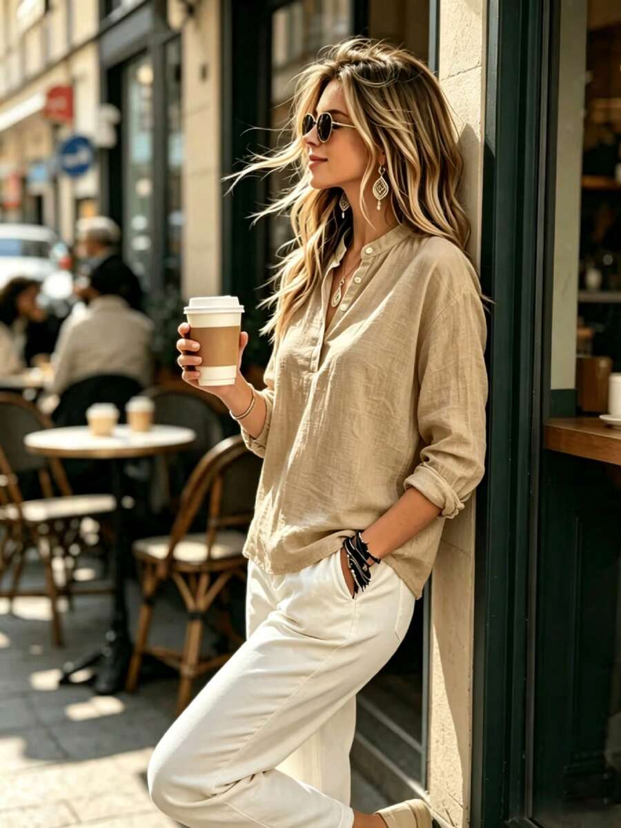 Fashion Women's Solid Color V-Neck Button Long Sleeve Shirt, Regular Fit, Suitable For Daily Wear - Khaki - View 1