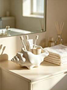 Cream White Seashell Shaped Storage Box, Nordic Style Home Decor Bathroom Toothbrush Holder, Multi-Functional Desktop Storage Container, Can Store Keys, Small Accessories, Succulent Plants, Suitable As Cute Decorative Gift For Ocean Lovers - Multicolor - View 4