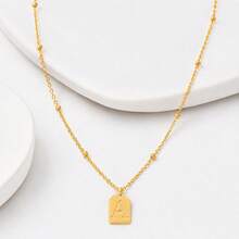 1pc Classic Rectangular Letter Pendant Gold Stainless Steel Bead Chain Necklace For Women - Golden Rectangular Letters - View 3