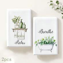 2件組綠色植物圖案裝飾手巾，印有 Breathe & Relax 英文文字，適用於浴室、廚房、客房浴室與居家裝飾 - 彩色 - 查看 12