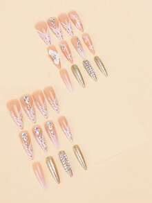 12 Peças Aleatórias de Unhas Postiças Longas em Formato de Gota d'Água, Padrão Floral Degradê com Strass Brilhante, Estilo Europeu Doce e Moderno para Mulheres, Nova Moda para Pontas dos Dedos, - Multicolorido - Visão 7