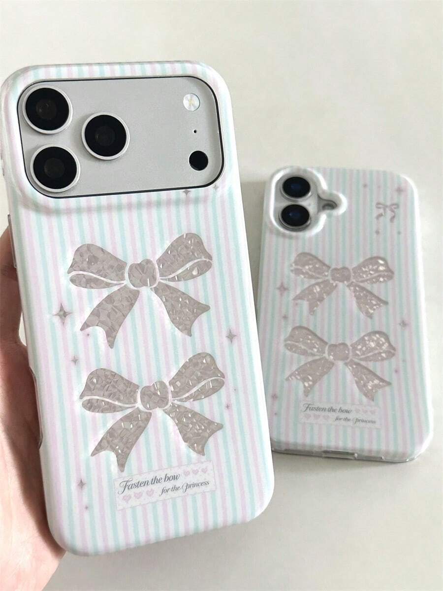 1pc Pink & Green Striped Bow & Star Print Phone Case, Full Coverage Anti-Drop Raised Camera Protection TPU Soft Shell Protective Cover Compatible With IPhone 17/17Pro/17ProMax/16/16Pro/16ProMax/15/15Pro/15ProMax/14/14Pro/14ProMax/13/13Pro/13ProMax Series