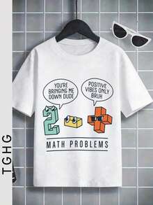 Camiseta de manga corta blanca para niños con estampado de dibujos animados de matemáticas que presenta el número 2 verde y un cuadrado amarillo - Blanco - Ver 3