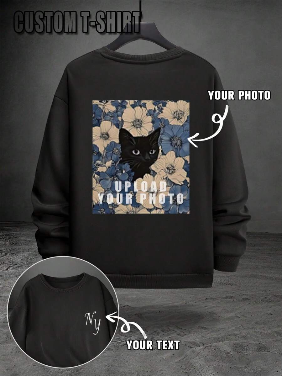 Men's Sweatshirt, Personalized Customization:Photos(Friends/Pets/Logos), Custom Workwear, Party Attire, Autumn Clothing For Birthday/Halloween - Black - View 1