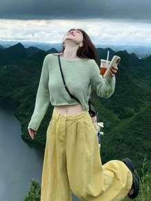 [Y6Y]Women's Thin Long Sleeve Knit Sweater, Autumn Soft Semi-Sheer Knit Top, Suitable For Layering With Tank Top - Green - View 4