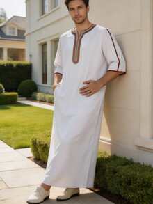 Fashionable Arabic Men's Robe, Short Sleeve Design And Round Neck, Suitable For Prayer, Elegant Casual Men's Arabic Robe, Suitable For Ramadan Occasions, Soft Texture, Traditional Arabic Men's Robe, Men's Short Sleeve Embroidered Robe, Arabic Traditional Clothing, Middle East Dubai Abaya, Breathable Loose Robe, Suitable For Eid, Ramadan And Daily Wear - White - View 7