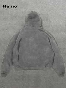 男士 Hemo 復古街頭圖案印花抽繩連帽衛衣，標準版型休閒舒適袋鼠口袋套頭帽衫，適合日常穿著，秋冬款 - 灰色 - 查看 2