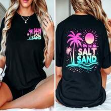 Sun Salt Sand T Shirt Palm Tree Back Graphic Tee Black 100% Pure Cotton Oversized Loose Short Sleeve Summer Vacation Beach Party Tops For Women - 黑色7 - 查看 1