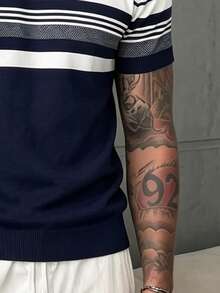 GRDR Men's Contrast Color Striped Crew Neck Knit Short Sleeve T-Shirt - Daily Wear Commute Outfit - Navy Blue - View 6