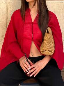 New Fashion Elegant Solid Color Women's Vintage Shirt Home Wear All Season Top Red - Red - View 5