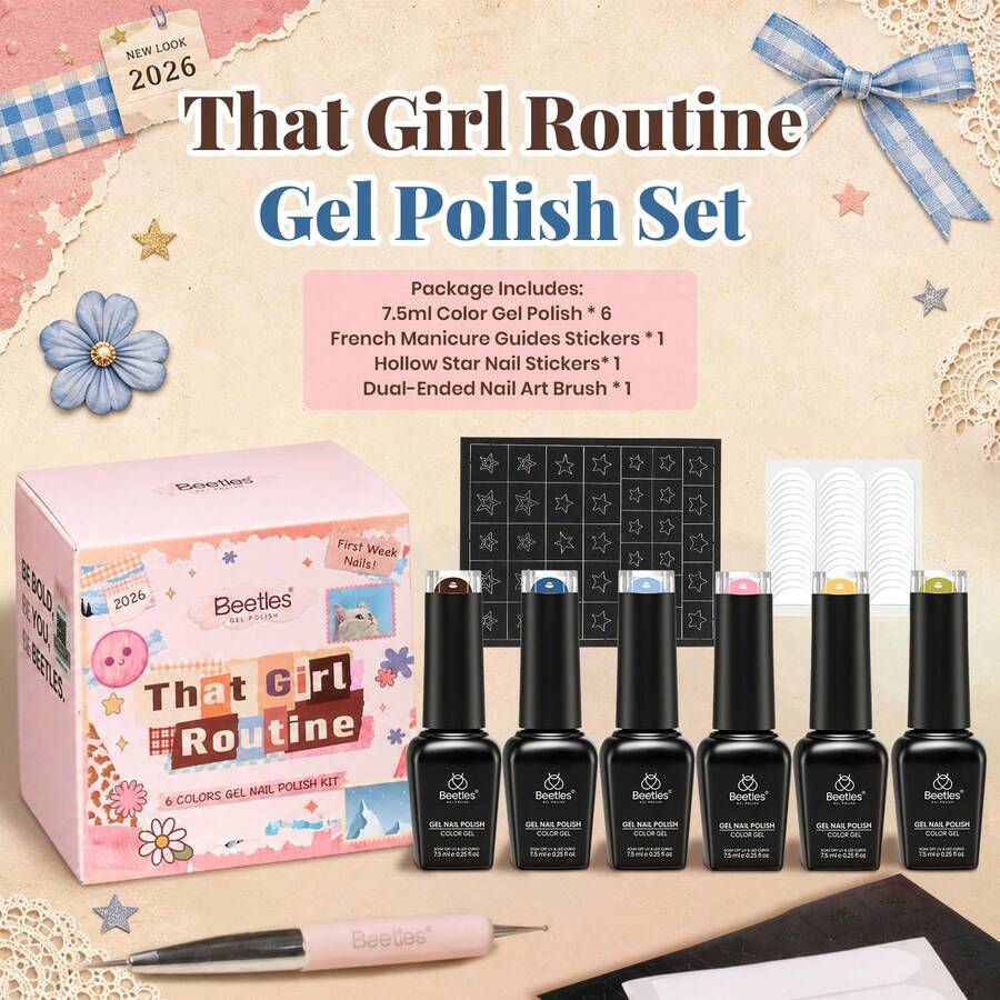 Beetles 6 Colors That Girl Routine Gel Nail Polish Set, Back-To-School Fall Gel Kit With 2-In-1 Nail Art Pen, Star & French Nail Stickers, Long-Lasting Soak Off UV LED Gel For Salon & DIY Manicures - 6 Colors That Girl Routine - 查看 1