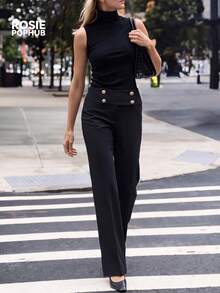 ROSIE POPHUB Women's Black Elegant Mid Waist Wide Leg Pants, Slim Fit Button Decor Office Trousers, Commute Daily Bottoms For Fall & Winter - Black - View 5