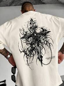HAFIME Men's Gothic Cross Streetwear Casual Cotton T-Shirt Short Sleeve Back Print - 奶油色 - 查看 1