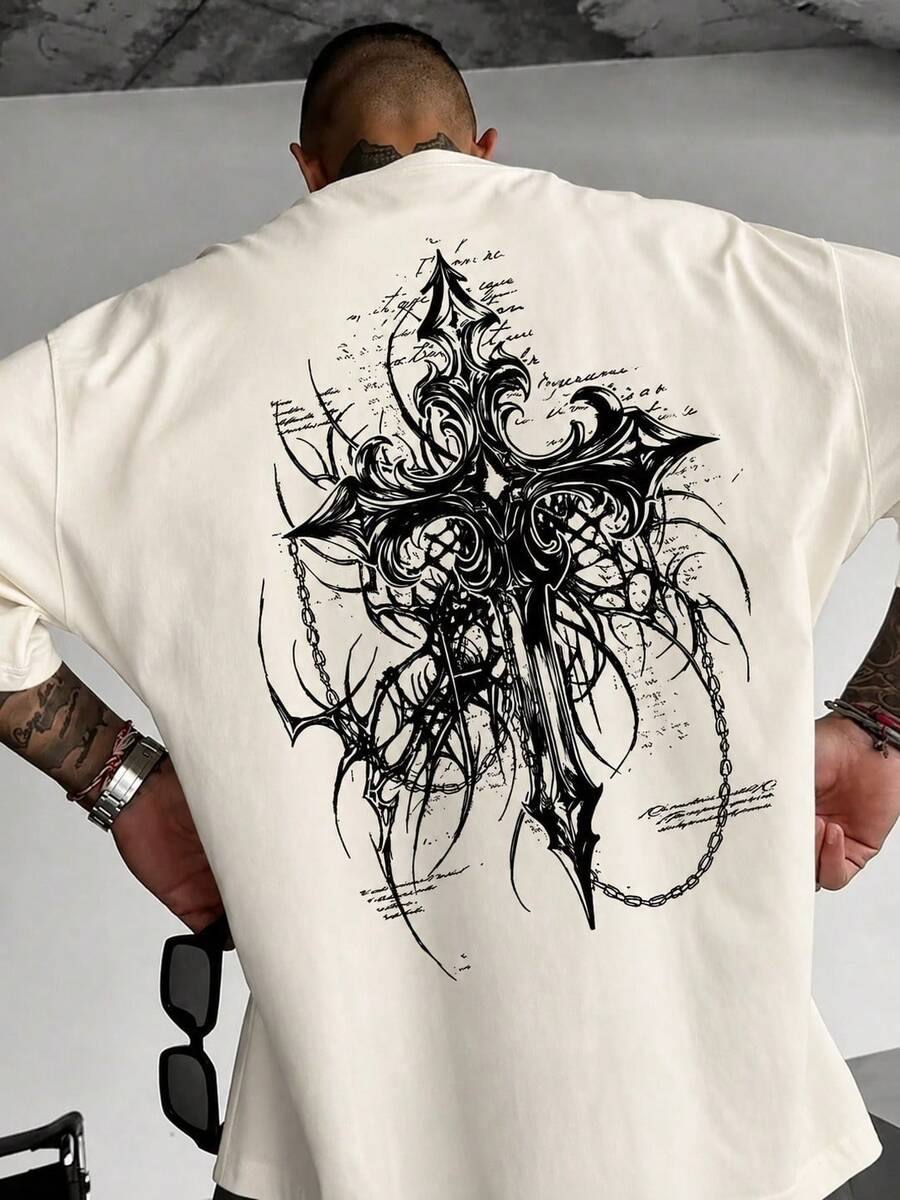 HAFIME Men's Gothic Cross Streetwear Casual Cotton T-Shirt Short Sleeve Back Print - 奶油色 - 查看 1