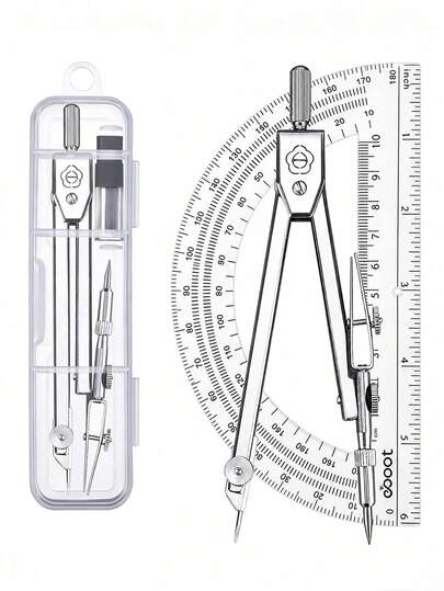 Student Geometry Drawing Tool Set (2pcs), Includes Precision Metal Compass And Transparent 180 Degree Protractor; Back To School Stationery, Suitable For Exams, Drafting, Architectural Drawing, Homework, Classroom And Office Mathematical Measurement, Drawing Accessories For Middle And High School Students, Back To School Essential.