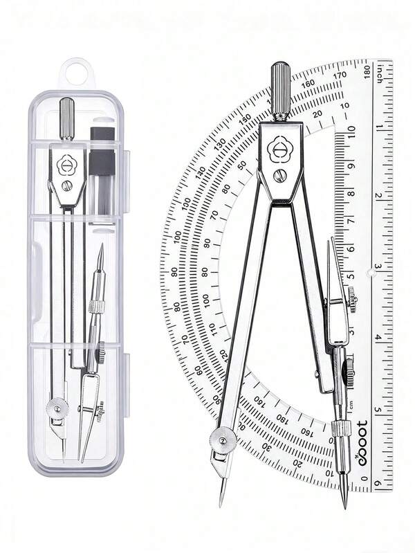 Student Geometry Drawing Tool Set (2pcs), Includes Precision Metal Compass And Transparent 180 Degree Protractor; Back To School Stationery, Suitable For Exams, Drafting, Architectural Drawing, Homework, Classroom And Office Mathematical Measurement, Drawing Accessories For Middle And High School Students, Back To School Essential.