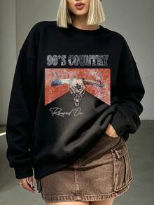 Women's Plus Size Hoodie, Crew Neck Pullover, "90'S COUNTEY" Vintage Graphic Print, Suitable For Autumn/Winter, An Essential Item For Everyone - Black - View 1