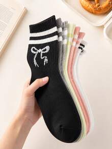 1/5/10pcs Women's Random Striped Bowknot Solid Color Minimalist Fashion Mid-Calf Socks, Soft Comfortable Breathable All-Season Versatile Preppy Casual Sports Suitable For Daily Wear - Multicolor - View 3