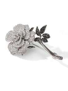 1pc Women's Brooch, Shawl, Cheongsam, Scarf, Square Scarf Accessory, Elegant High-End Women's Brooch, Rhinestone Rose Design - Silver - View 6