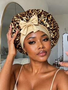 Leopard Print Satin Sleep Bonnet With Bow,Stretch Hair Wrap Cap,Soft Satin Night Hair Protection Bonnet For Natural Curly Hair Women,Back To School - Multicolor - View 1
