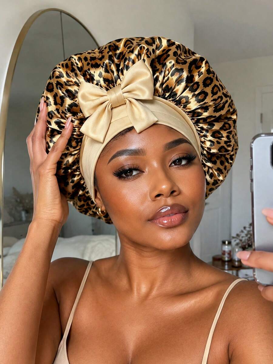 Leopard Print Satin Sleep Bonnet With Bow,Stretch Hair Wrap Cap,Soft Satin Night Hair Protection Bonnet For Natural Curly Hair Women,Back To School - Multicolor - View 1