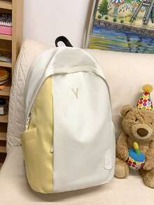 Dedoo Mochila con cremallera de bloques de color, detalles de bordado de letras & etiquetas, gran capacidad, mochila escolar para estudiantes, adecuada para el campus universitario, mochila de regreso a la escuela para estudiantes - Blanco - Ver 4