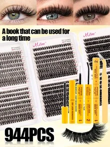 944 Clusters Large Capacity Lash Book, 30D/40D/50D Fluffy D Curl Individual Lashes, 8-16mm Natural Dense Lash Extensions, Waterproof Soft False Lashes With Glue, Tweezers & Remover For Home DIY Makeup,Lash Clusters Kit,Glue And Seal,Manga Lashes - Black - View 2