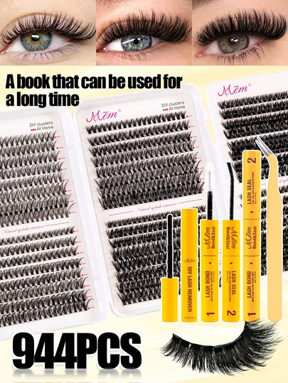 944 Clusters Large Capacity Lash Book, 30D/40D/50D Fluffy D Curl Individual Lashes, 8-16mm Natural Dense Lash Extensions, Waterproof Soft False Lashes With Glue, Tweezers & Remover For Home DIY Makeup,Lash Clusters Kit,Glue And Seal,Manga Lashes