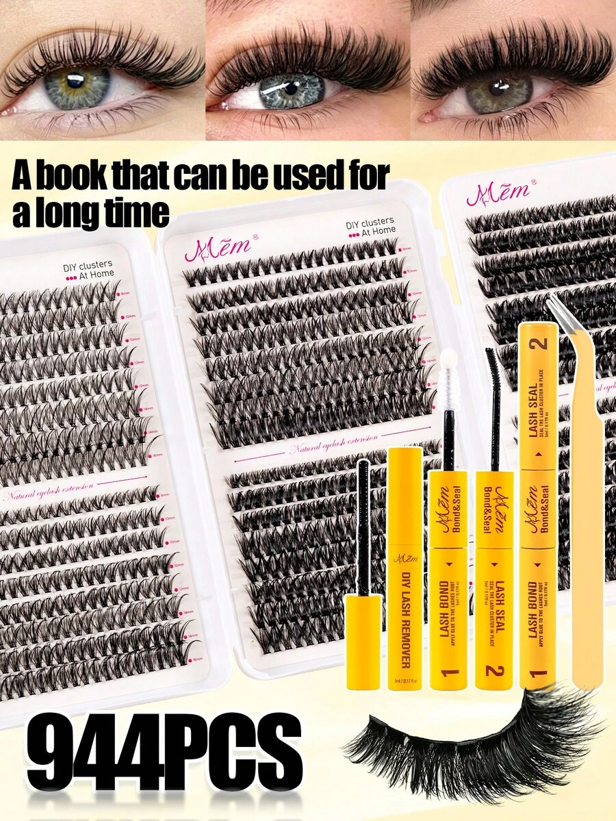 944 Clusters Large Capacity Lash Book, 30D/40D/50D Fluffy D Curl Individual Lashes, 8-16mm Natural Dense Lash Extensions, Waterproof Soft False Lashes With Glue, Tweezers & Remover For Home DIY Makeup,Lash Clusters Kit,Glue And Seal,Manga Lashes