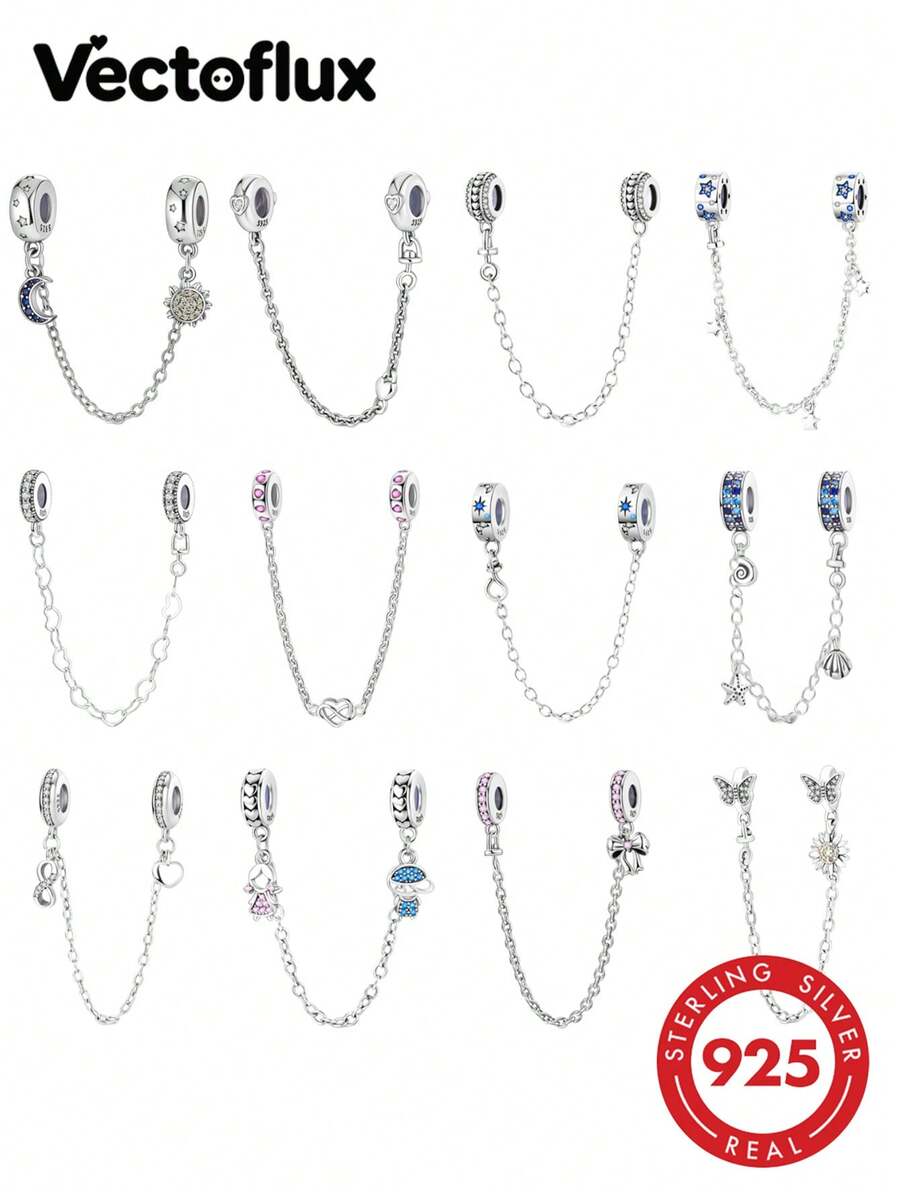 Vectoflux 1pc Ocean Beach Style S925 Sterling Silver Low-Allergy Star Moon Shell Starfish Safety Chain Charm, Suitable For Original Bracelet, Women's DIY Jewelry Making, Birthday Gift - Multicolor - View 1