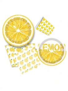 68pcs Disposable Paper Tableware Set, Lemon Pattern, Suitable For Various Events, Party Decoration, Birthday Party Decoration, Wedding Anniversary Party Decoration, Scene Decoration - Multicolor - View 7