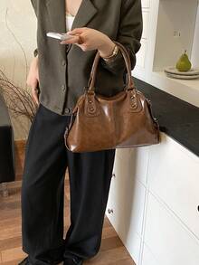 1件復古大容量手提包，復古PU肩背波西米亞包，女款休閒手提包與錢包 - 棕色 - 查看 6