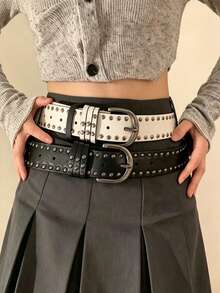 APLCSEY 1件裝女款龐克風PU皮革腰帶，槍灰色高級合金扣頭搭配雙排鉚釘，適合休閒褲、牛仔褲與洋裝 - 白色 - 查看 2