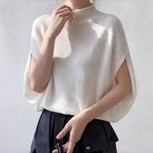 Cream White Semi-High Neck Fuzzy Knit Vest, Loose Drop Shoulder Silhouette + Ribbed Hem, Soft Skin-Friendly Spring/Autumn Layering Versatile Sleeveless Top - White - View 5