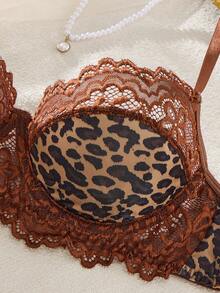 Women's 2-Piece Coffee Leopard Print Lace Floral Lingerie Set, Includes Soft Short Sleeve Pajama Top And Thong - Coffee Brown - View 4