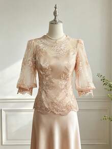 1pc Lace Women's Top For Vacation, Date, Wedding, Champagne Color - Champagne - View 4