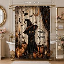 1pc/4pcs Magic Black Cat Pumpkin Pattern Shower Curtain, Halloween Home Decor Printed Bathroom Partition Curtain, Comes With 12 Hooks, Universal Bathroom Accessory, Halloween Vintage Farmhouse Style Bathroom Decor, Single Curtain Available In 150*180cm+180*180cm+180*200cm, 4pcs Set Size (180*180cm+45*75cm+45*38cm+38*45cm) - Magic Black Cat - View 11