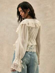 Dravelle Atasan Wanita Warna Polos dari Kain Tenun dengan Hiasan Ruffle/Flounce dan Tali Ikat untuk Kencan Malam dan Pakaian Kasual, Musim Semi/Gugur - putih pucat - View 3