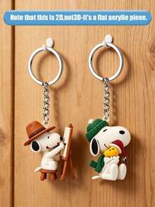 Splendor Keychain Set, Acrylic Construction Two Unique Cartoon Layouts, Brown Hat Painter Drawing On Mini Easel And Winter Knitwear Holding Santa Cap , Premium Silver Split Ring For Vehicle Key Organizer - Multicolor - View 6