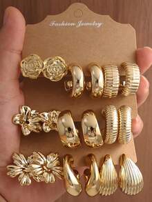 6-18pcs Gold Women's Earring Set, With Flower, C-Shape, Striped Teardrop And More, Fashion Party, Travel Vacation, Gift Engagement, Suitable For Various Occasions, (Made Of Hypoallergenic Non-Fading CCB Material) - Gold - View 1