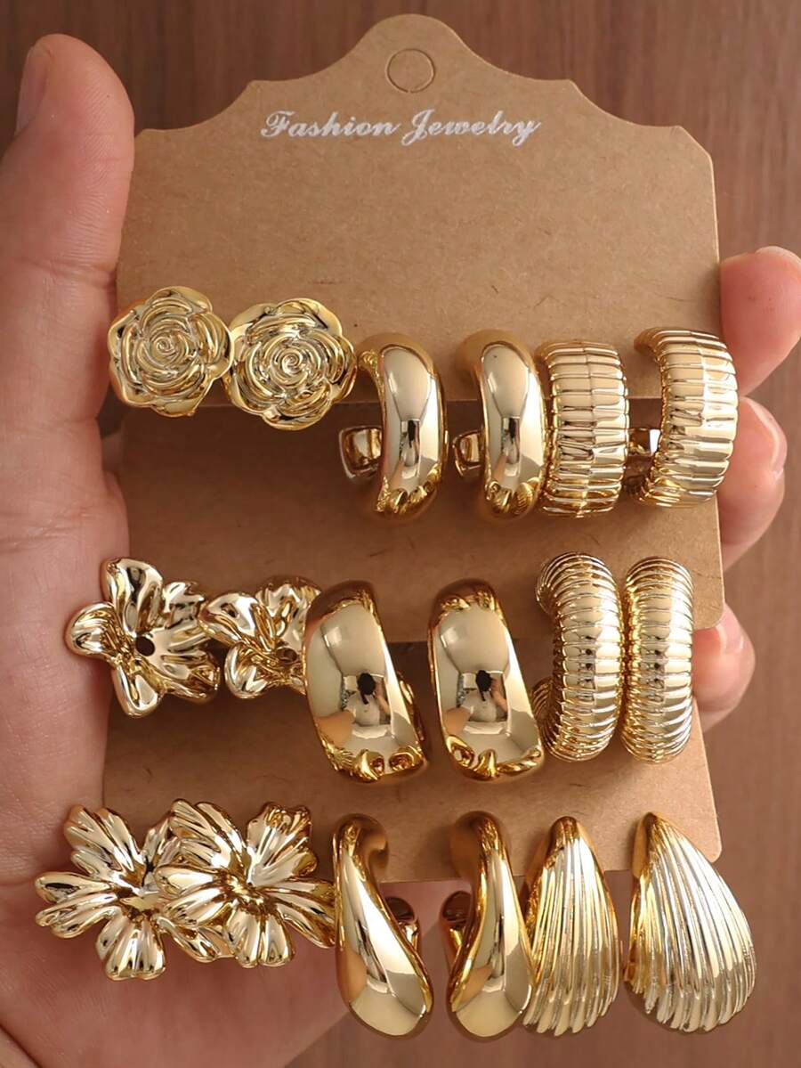 6-18pcs Gold Women's Earring Set, With Flower, C-Shape, Striped Teardrop And More, Fashion Party, Travel Vacation, Gift Engagement, Suitable For Various Occasions, (Made Of Hypoallergenic Non-Fading CCB Material) - Gold - View 1