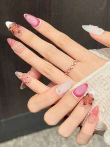 10pcs Handmade Medium Almond Shaped Nail Tips, Exquisite Fake Nails, [Floral Pink Ink] Splatter Decorated 3D Flowers, Fresh Carved Gentle Handmade Nail Stickers, Suitable For Women's Daily Wear Medium-Long Handmade Press-On Nails - Hot Pink - View 3