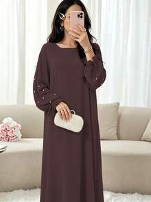 Elegant Double Layer Khimari Long Robe, Pearl Decorated Drawstring Sleeves, Loose Fit Modest Long Dress, Suitable For Middle Eastern Women - Multicolor - View 11