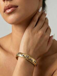 Open Cuff Bangle Set With Evil Eye Enamel And Rhinestone Decor, Bohemian Vintage Bracelet, Suitable For Daily Wear, Holiday Travel And Party Occasions, Stackable Design For Versatile Styling, Popular Fashion Accessory, Perfect For Anniversary And Holiday Gifts - Yellow Gold - View 5