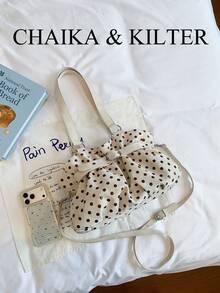 CHAIKA & KILTER 1件裝拼色PU布料托特包，女款時尚單肩托特包，滿版波點圖案，雙手柄設計，拉鍊開合，飾帶裝飾，適合日常與街頭使用 - 白色 - 查看 4
