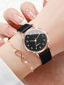 Jam Tangan Quartz Elegan Klasik dengan Tali Kulit PU untuk Wanita, Dial Kecil, + Gelang Simbol Tak Terhingga (4 buah/Set) Kotak Jam Tangan Tidak Termasuk - Emas - View 2